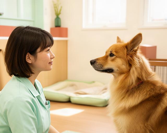 南小岩の明るい家庭的な部屋で犬と向き合うペットケアスタッフ